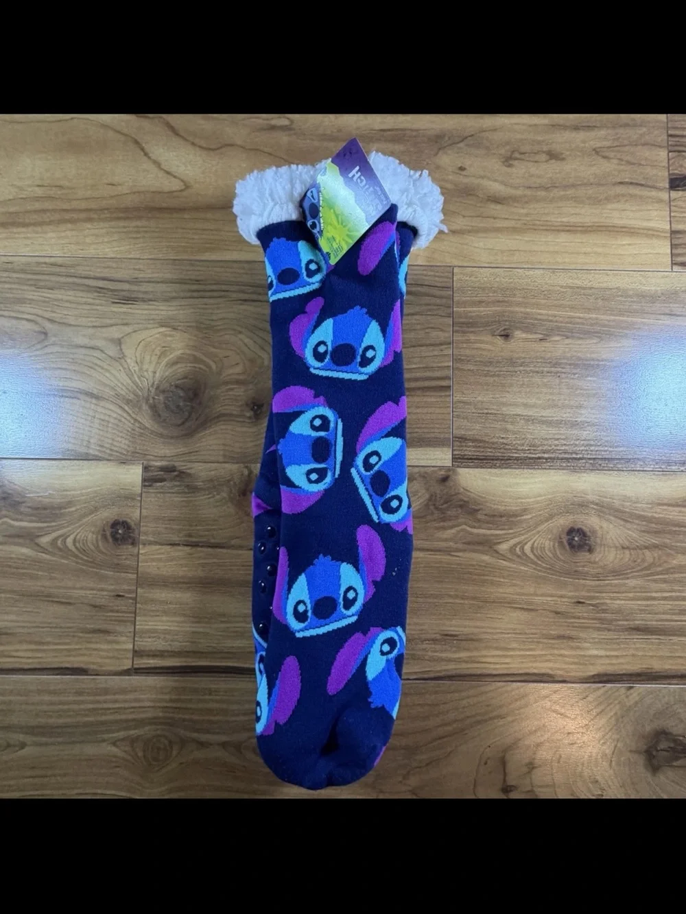 Fuzzy Lined Stitch Face Gripper Socks - Navy with Blue & Purple